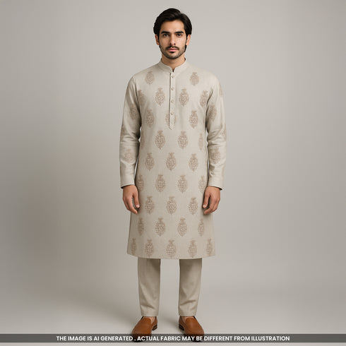 Thread Embroidered Pure Linen Cotton Fabric- F4019