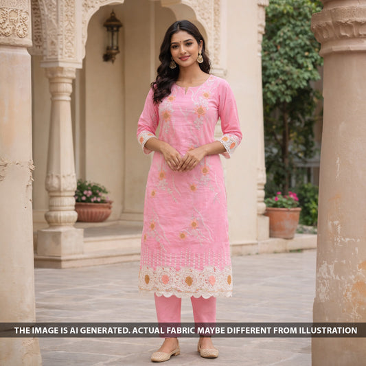 Zari Thread Embroidered Cut Work Cotton Fabric - F6165