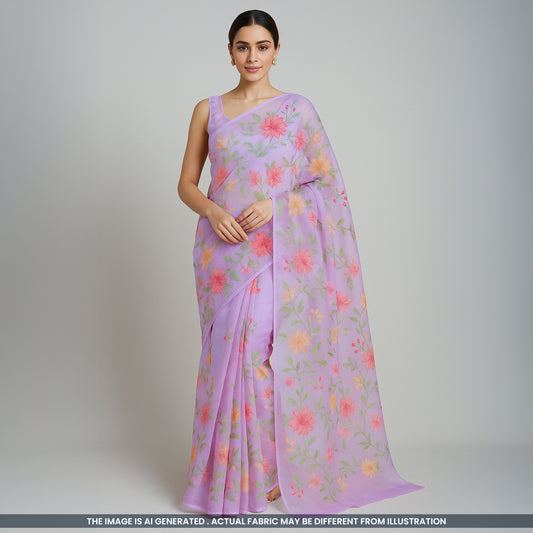 Thread Embroidered Organza Fabric- F3822