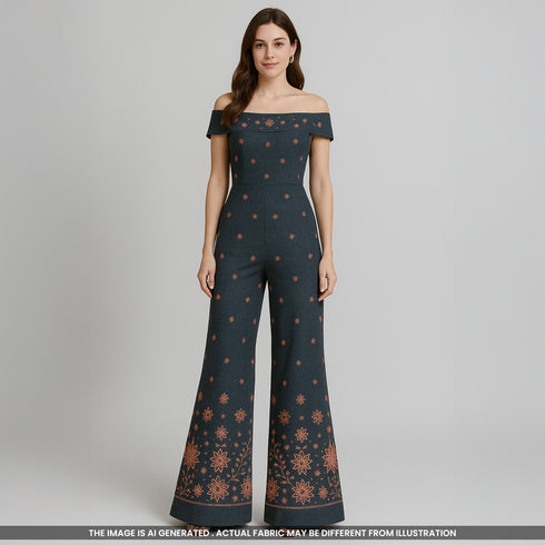 Thread Zari Embroidered Denim Cotton Fabric- F3894