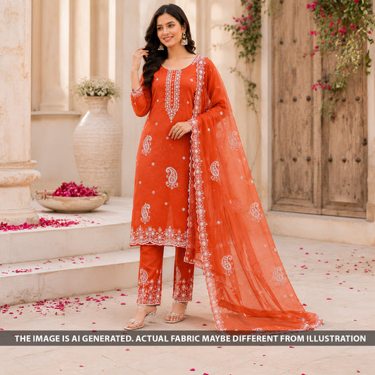 Thread Sequins Embroidered Mul Chanderi Fabric - F6674
