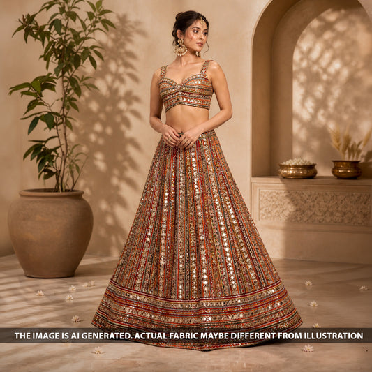 Cut Dana Thread Zari Sequins Pearl Mirror Work Net Fabric - F6457