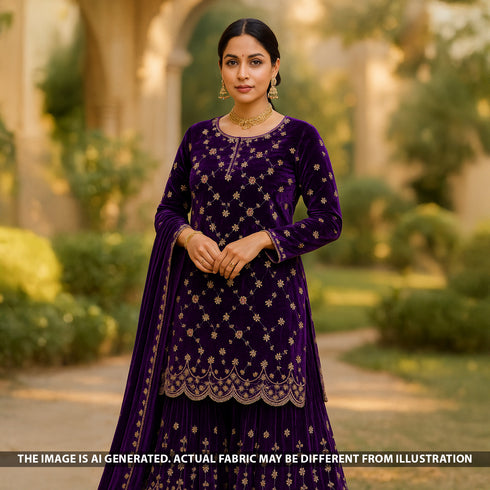 Zari Sequins Embroidered Wrinkled Velvet Fabric - F5240