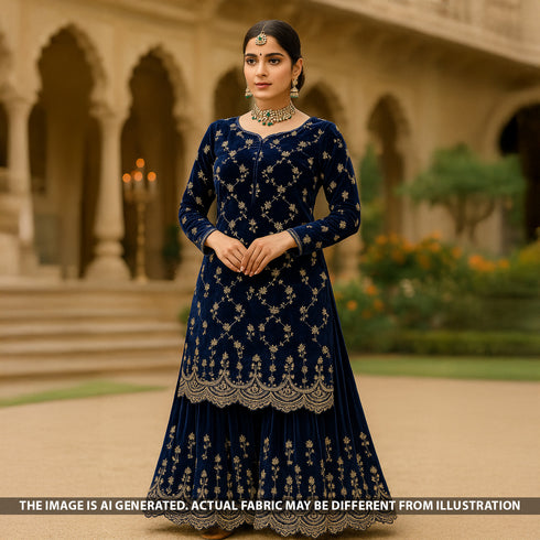 Zari Sequins Embroidered Wrinkled Velvet Fabric - F5243