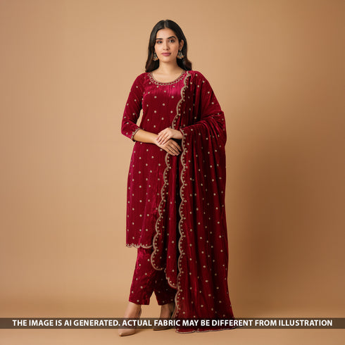 Zari Sequins Embroidered Wrinkled Velvet Fabric - F5270