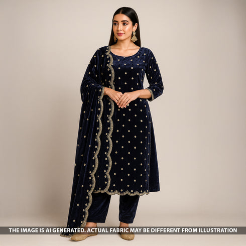 Zari Sequins Embroidered Wrinkled Velvet Fabric - F5265