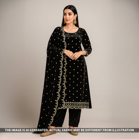 Zari Sequins Embroidered Wrinkled Velvet Fabric - F5268