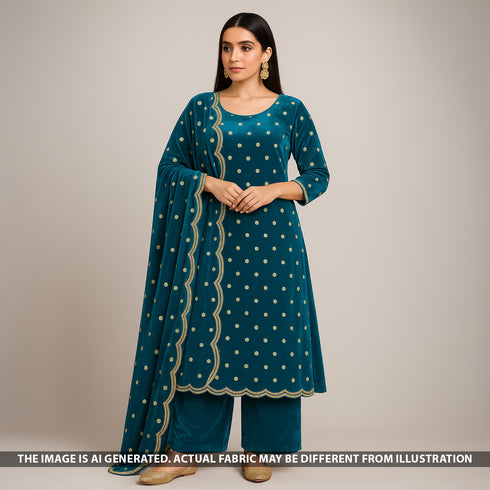 Zari Sequins Embroidered Wrinkled Velvet Fabric - F5269