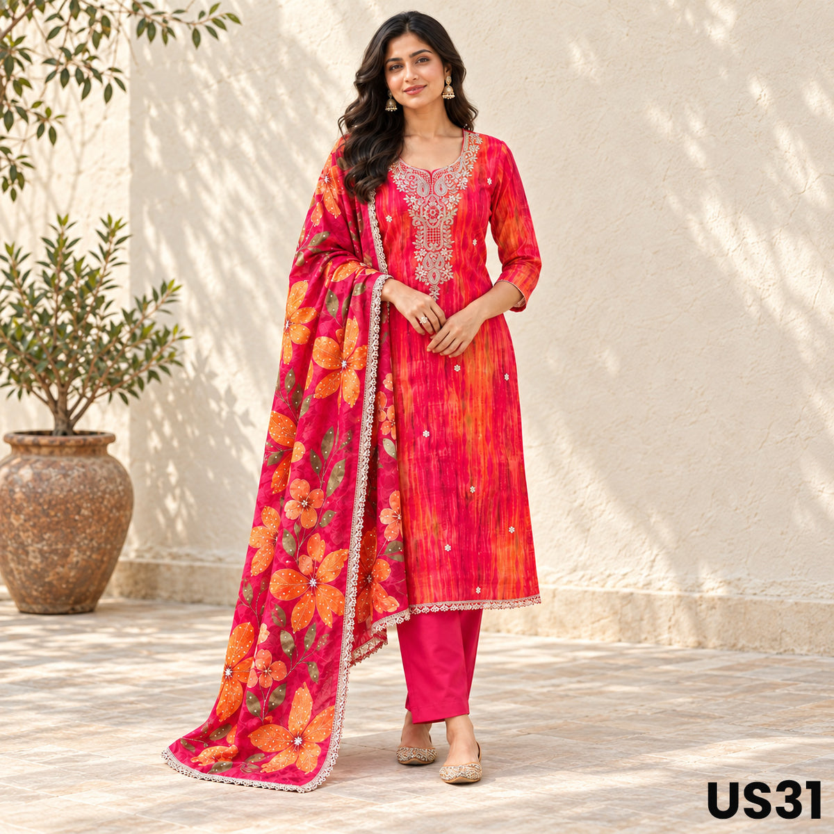 Pink & Orange Upada Silk Floral Embroidered Suit Set - US31