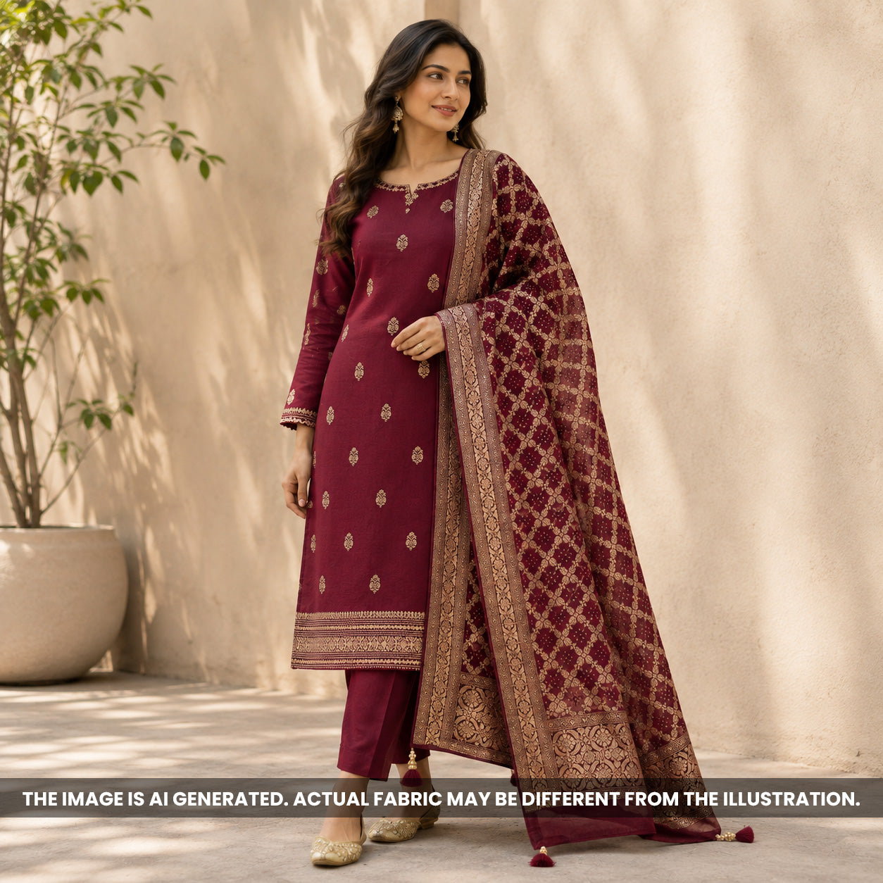 Maroon Pure Raw Silk Unstitched Suit Set - US14