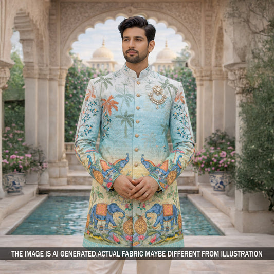 Digital Print Chikankari Sequins Work Cotton Fabric - F5824