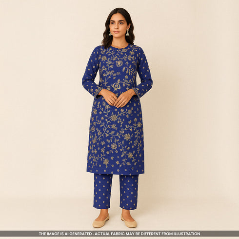 Zari Thread Embroidered Linen Cotton Fabric-F4914