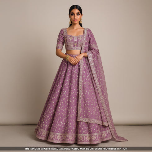 Cutdana Zari Sequins Embroidered Organza Fabric- F4870