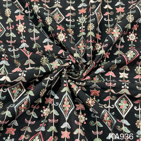 Thread Embroidered Sequins Cotton Silk Fabric KA936