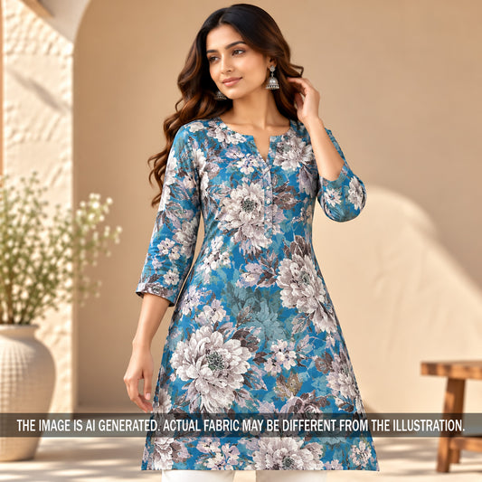 Printed Peacock Blue Floral Glaze Cotton Fabric - F7712