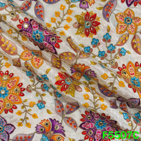 Positional Print Zari Sequins Faux Mirror Embroidered Crepe Fabric - F5507