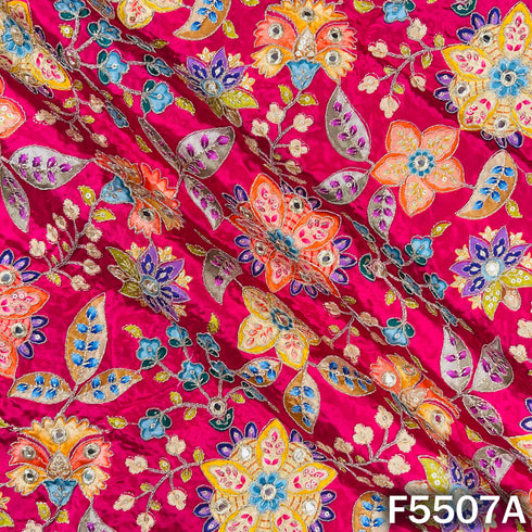 Positional Print Zari Sequins Faux Mirror Embroidered Crepe Fabric - F5507