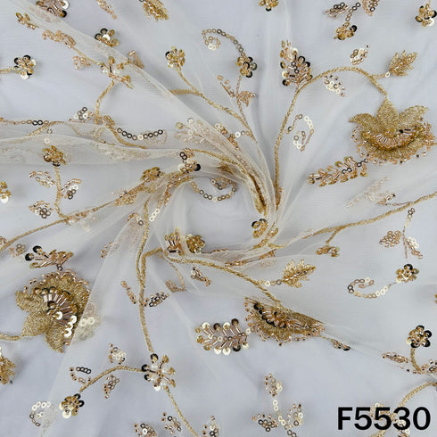 Dyeable Cut Dana Zari Sequins Pearl Embroidered Net Fabric - F5530