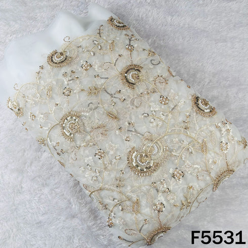 Dyeable Cut Dana Zari Sequins Pearl Embroidered Net Fabric - F5531