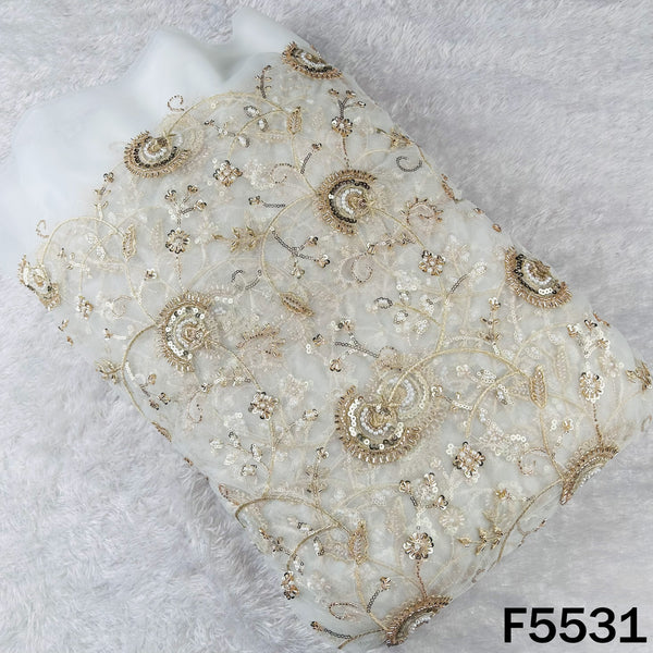 Dyeable Cut Dana Zari Sequins Pearl Embroidered Net Fabric - F5531