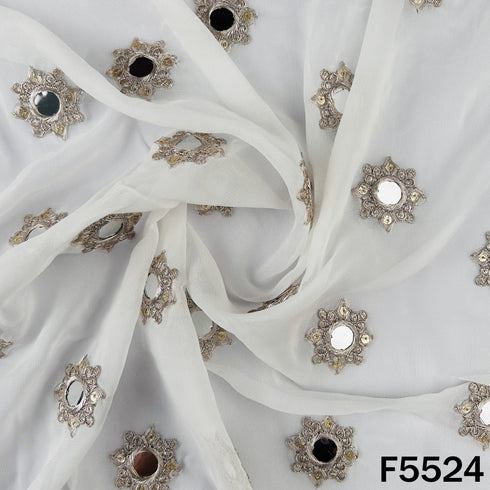 Dyeable Zari Sequins Embroidered Faux Mirror Work Georgette Fabric - F5524