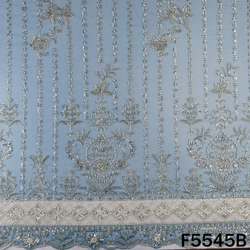 Cut Dana Zari Sequins Pearl Embroidered Net Fabric - F5545