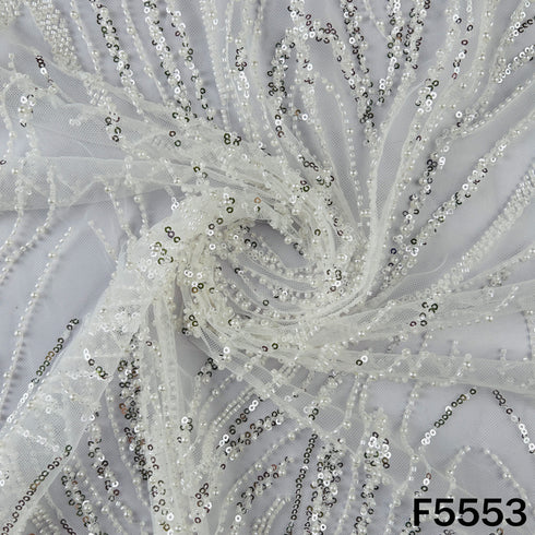 Cut Dana Sequins Pearl Embroidered Net Fabric - F5553