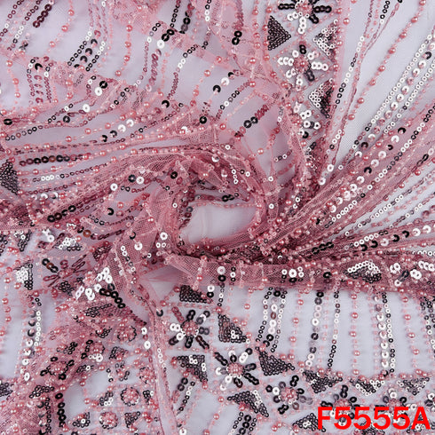 Cut Dana Sequins Pearl Embroidered Net Fabric - F5555