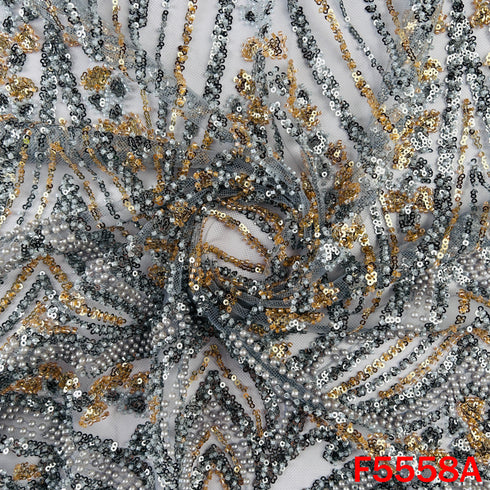 Cut Dana Sequins Pearl Embroidered Net Fabric - F5558
