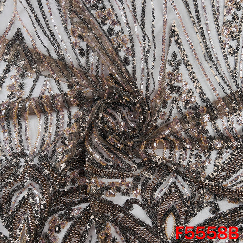 Cut Dana Sequins Pearl Embroidered Net Fabric - F5558