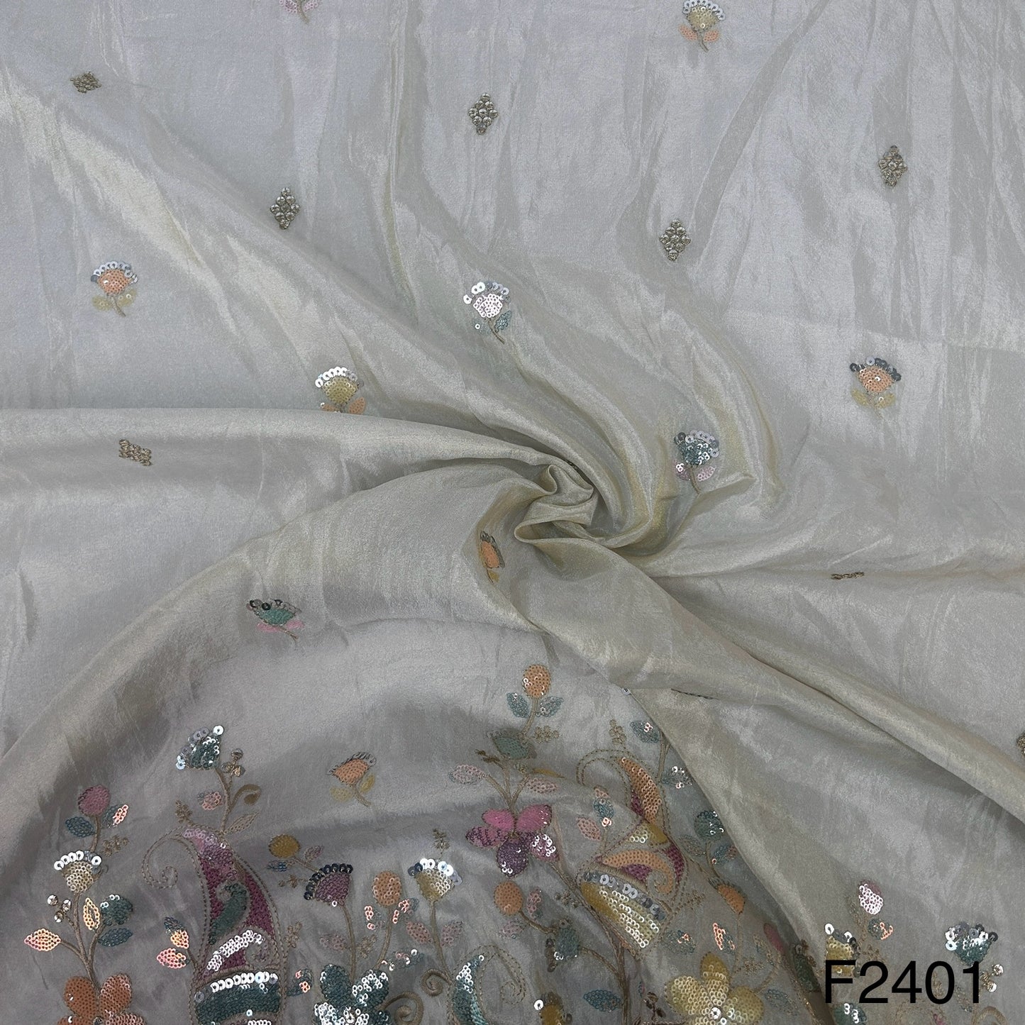 Zari Threads Sequins Silk Tissue Fabric-F2401