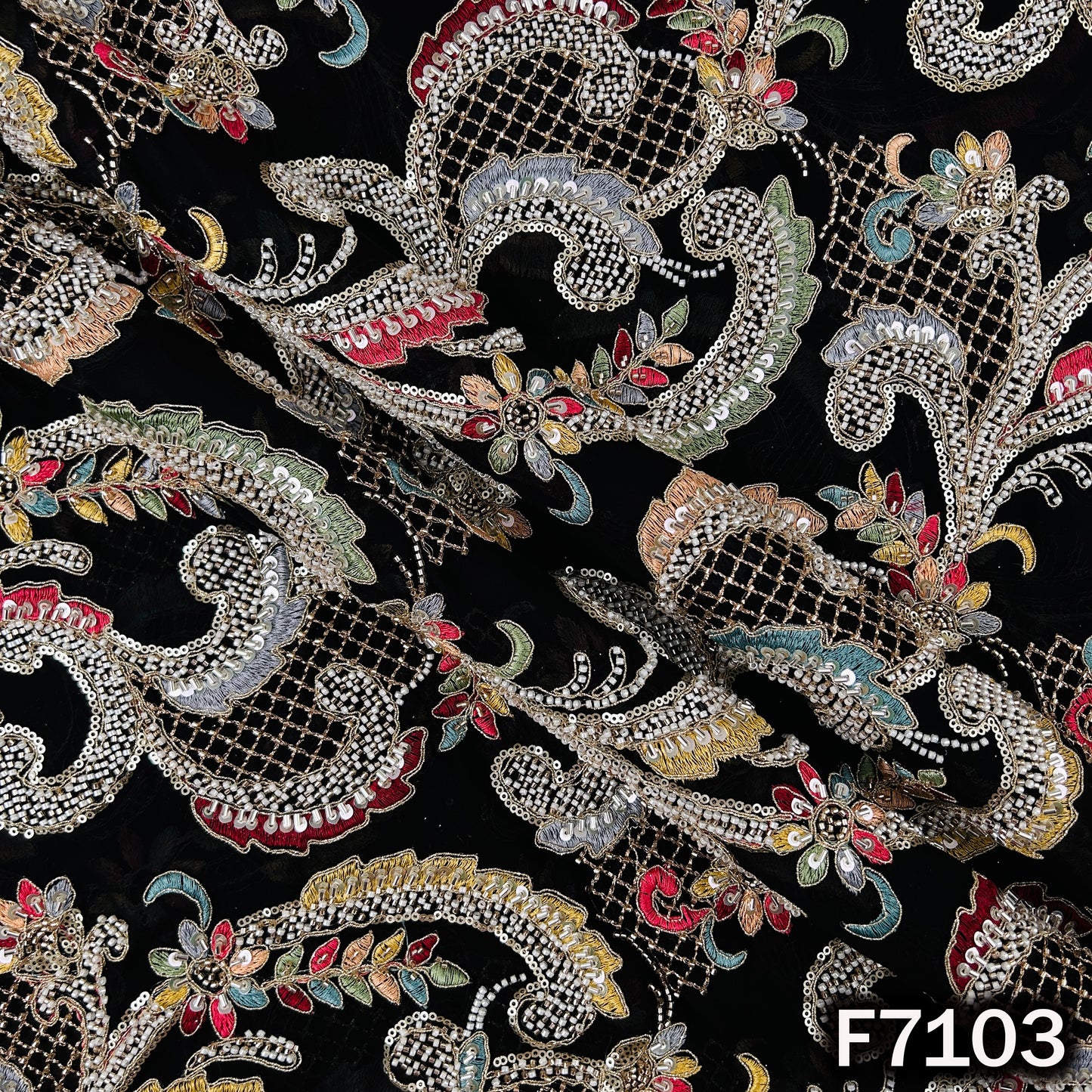 Cut Dana Thread Zari Sequins Embroidered Georgette Fabric - F7103