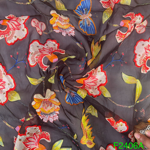 Thread Sequins Embroidered Organza Fabric-F2406