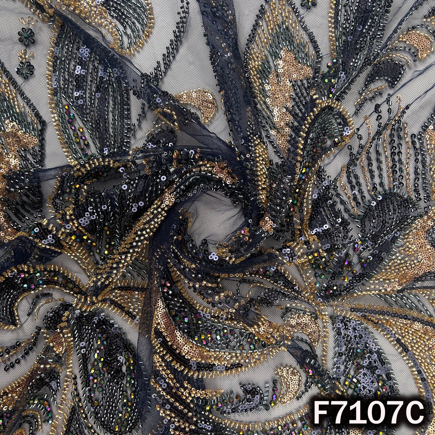 Cut Dana Sequins Crystal Beads Embroidered Net Fabric - F7107