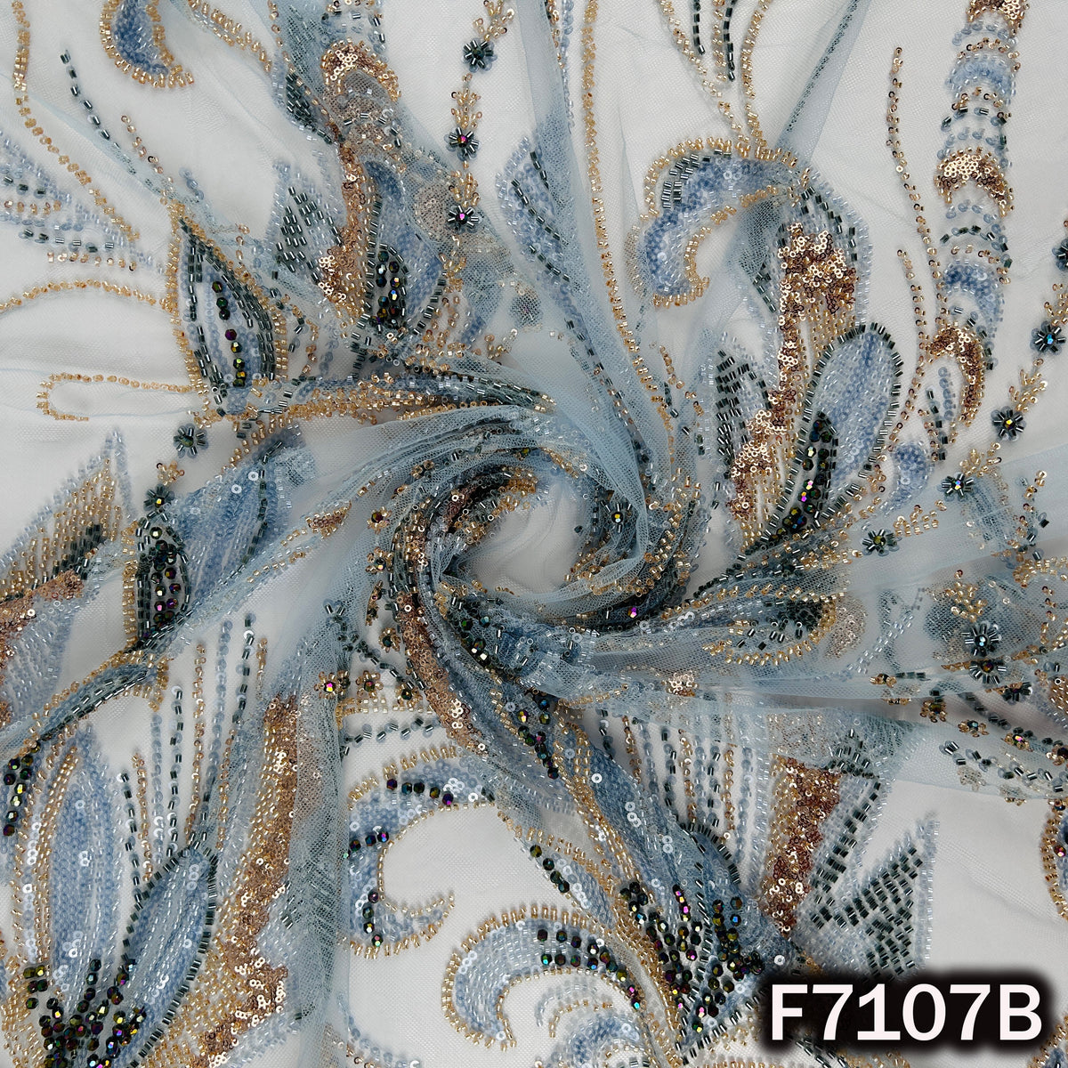 Cut Dana Sequins Crystal Beads Embroidered Net Fabric - F7107