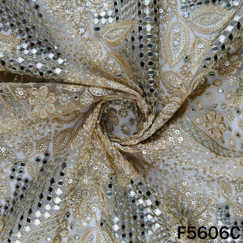 Cut Work Faux Mirror Thread Sequins Embroidered Net Fabric - F5606