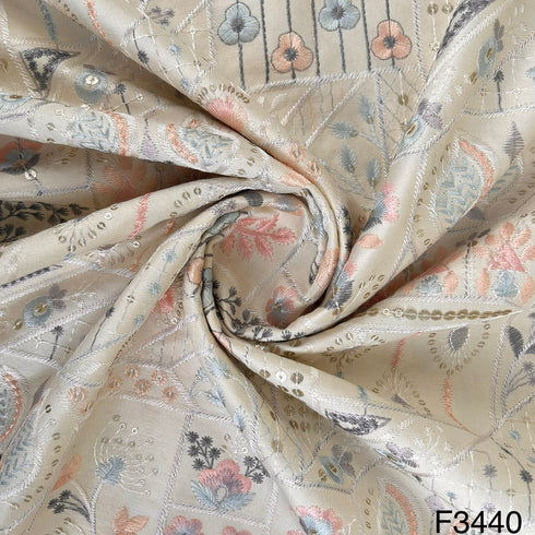 Thread Sequins Embroidered Satin Silk Fabric-F3440