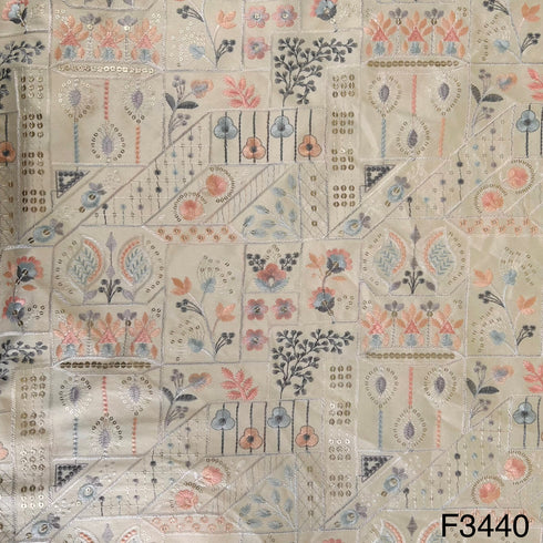 Thread Sequins Embroidered Satin Silk Fabric-F3440