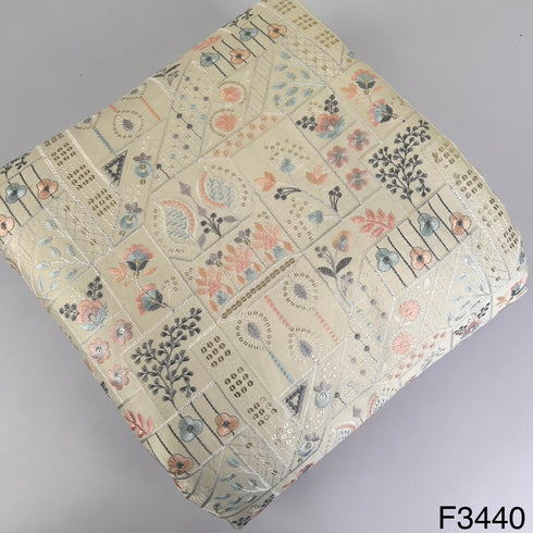 Thread Sequins Embroidered Satin Silk Fabric-F3440