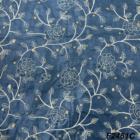 Zari Thread Embroidered Tusser Silk Fabric-2461