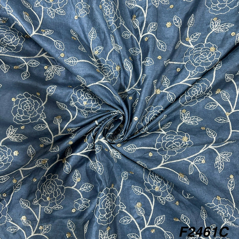 Zari Thread Embroidered Tusser Silk Fabric-2461