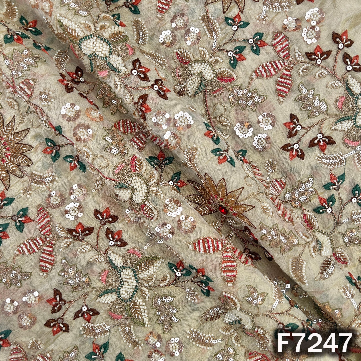 Cut Dana Stone Sequins Zari Thread Embroidered Shimmer Tissue Fabric - F7247