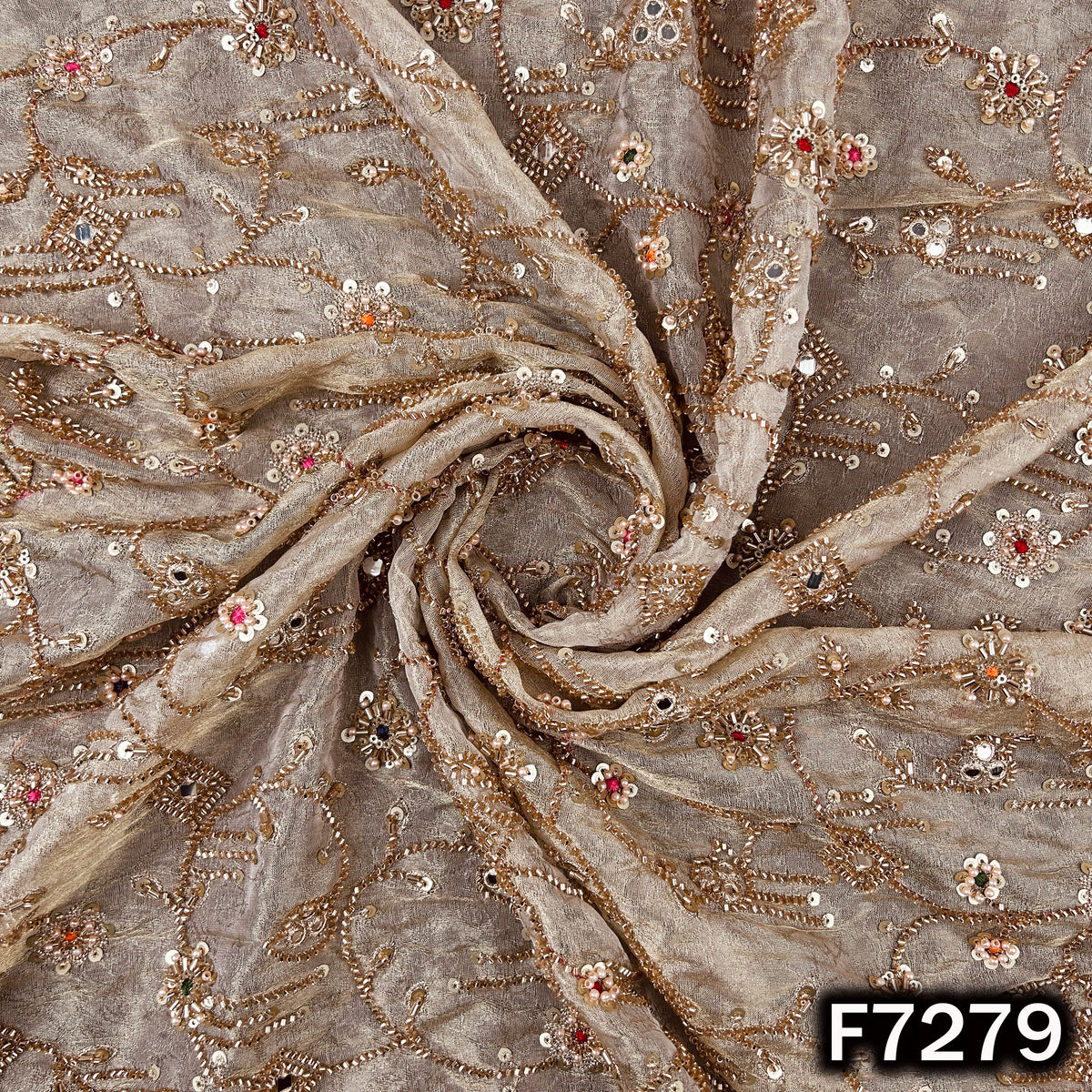 Cut Dana Thread Zari Sequins Pearl Faux Mirror Work Shimmer Tissue Fabric - F7279