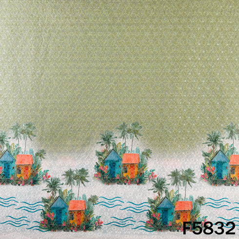 Digital Print Chikankari Sequins Work Cotton Fabric - F5832