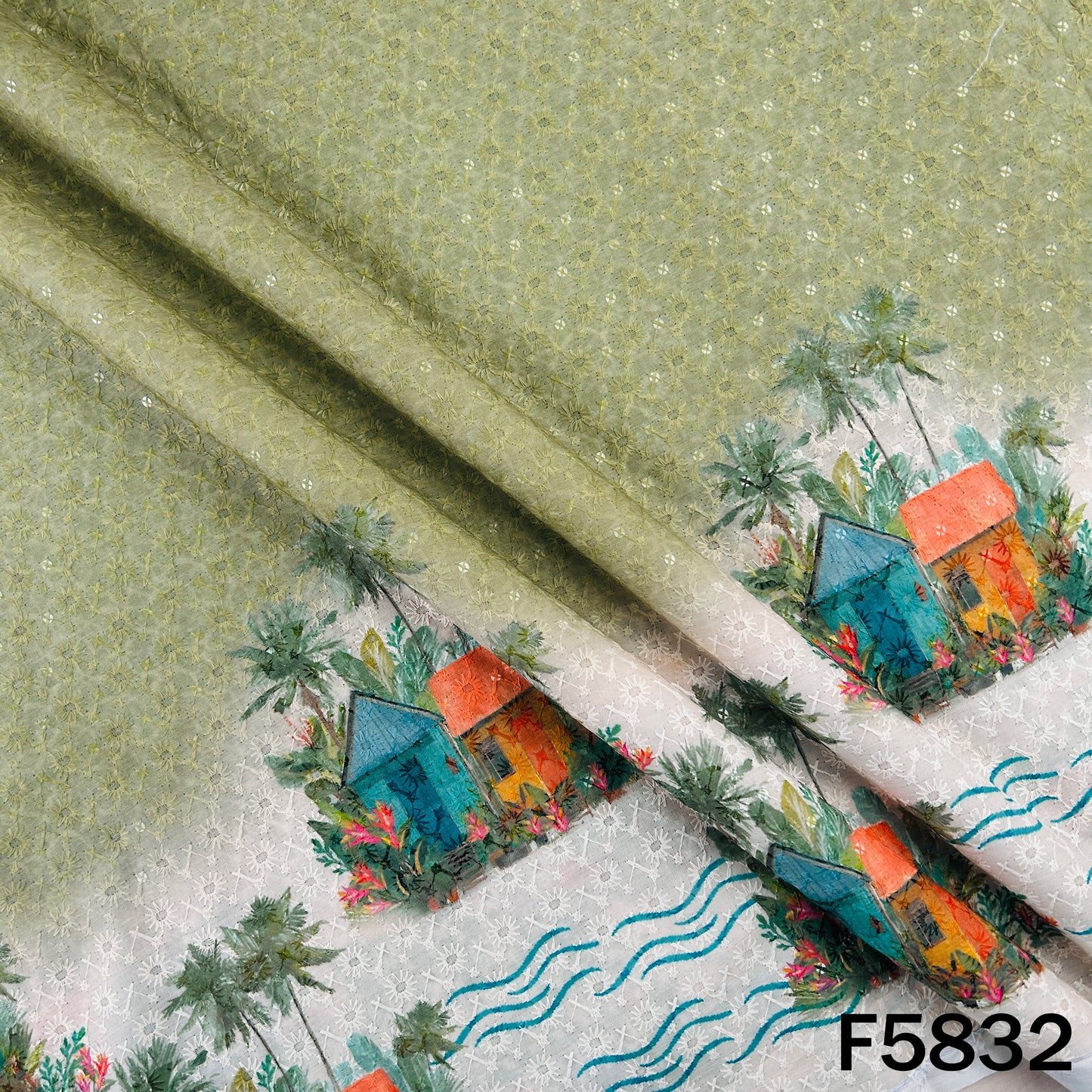 Digital Print Chikankari Sequins Work Cotton Fabric - F5832