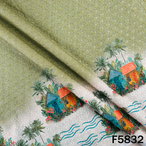 Digital Print Chikankari Sequins Work Cotton Fabric - F5832