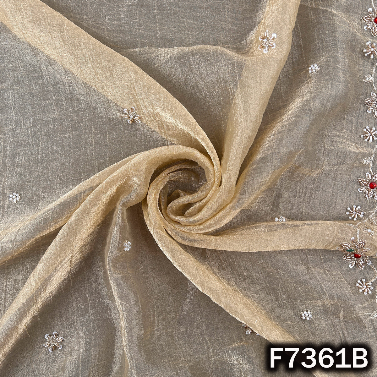 Cut Dana Zari Sequins Pearl Embroidered with Stone Work Crush Tissue Fabric - F7361