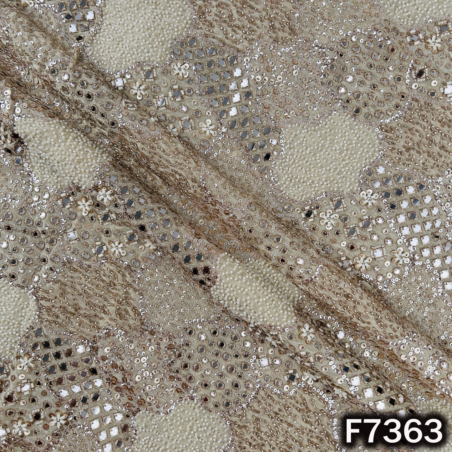 Dyeable Cut Dana Zari Sequins Faux Mirror Embroidered Shimmer Tissue Fabric - F7363