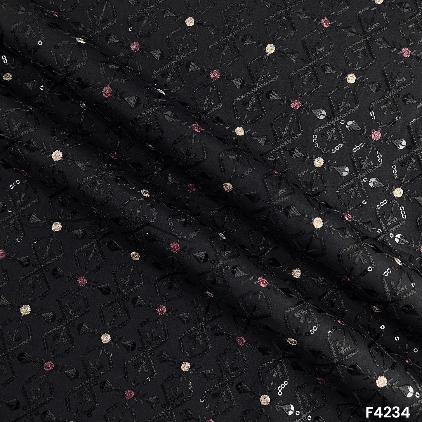 Thread Sequins Embroidered Silk Fabric-F4234