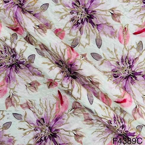 Positional Print Zari Embroidered Crepe Fabric-F4389